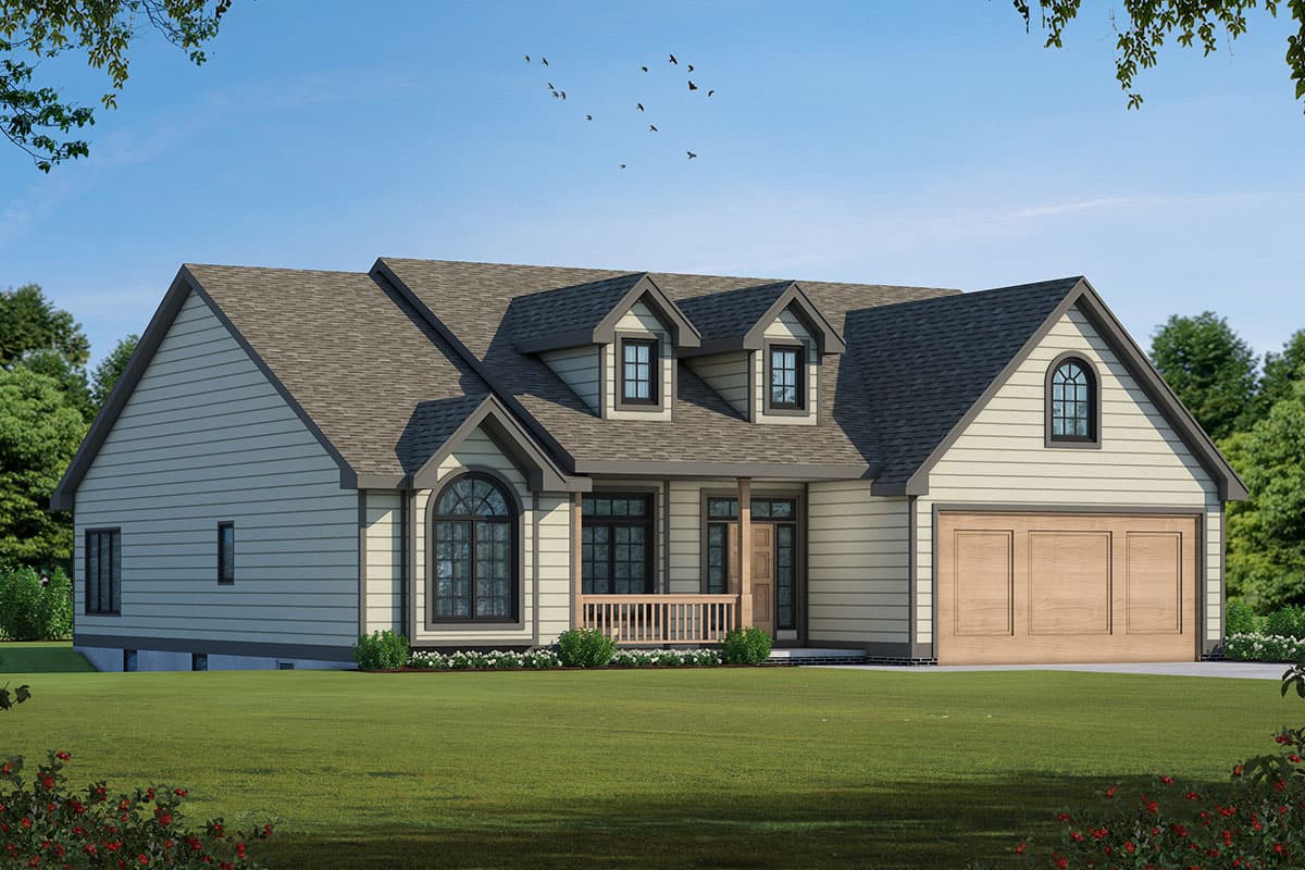 House plan exterior: A one-story Modern Farmhouse with a covered porch, dormers, arched windows, and an attached two-car garage.