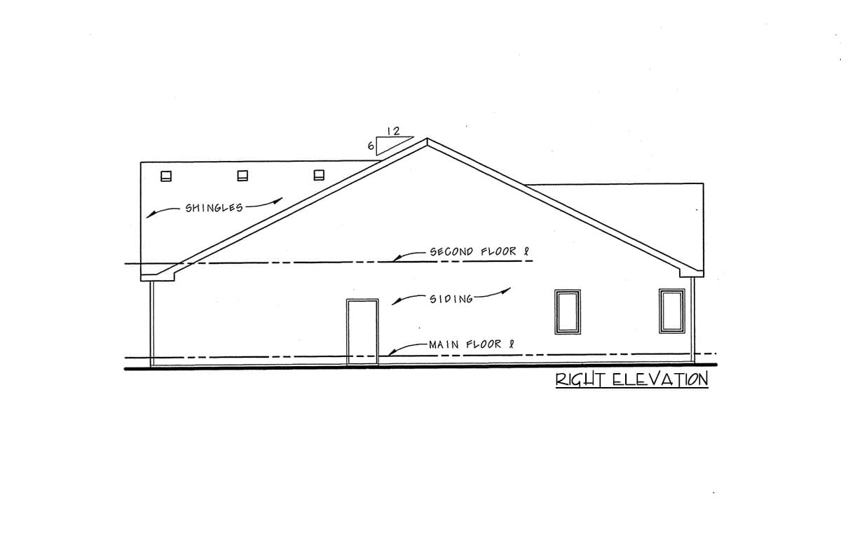 Right elevation drawing showing shingles, siding, door, windows, and main and second floor lines.