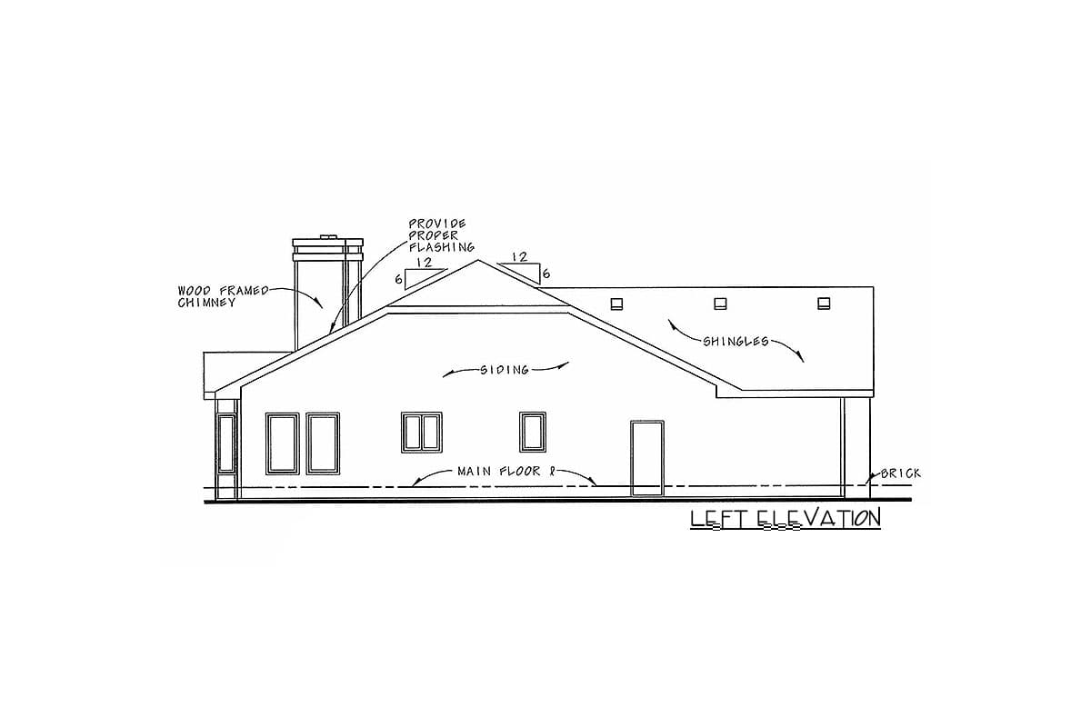 Left elevation house plan showing wood-framed chimney, siding, shingles, brick foundation, and windows.