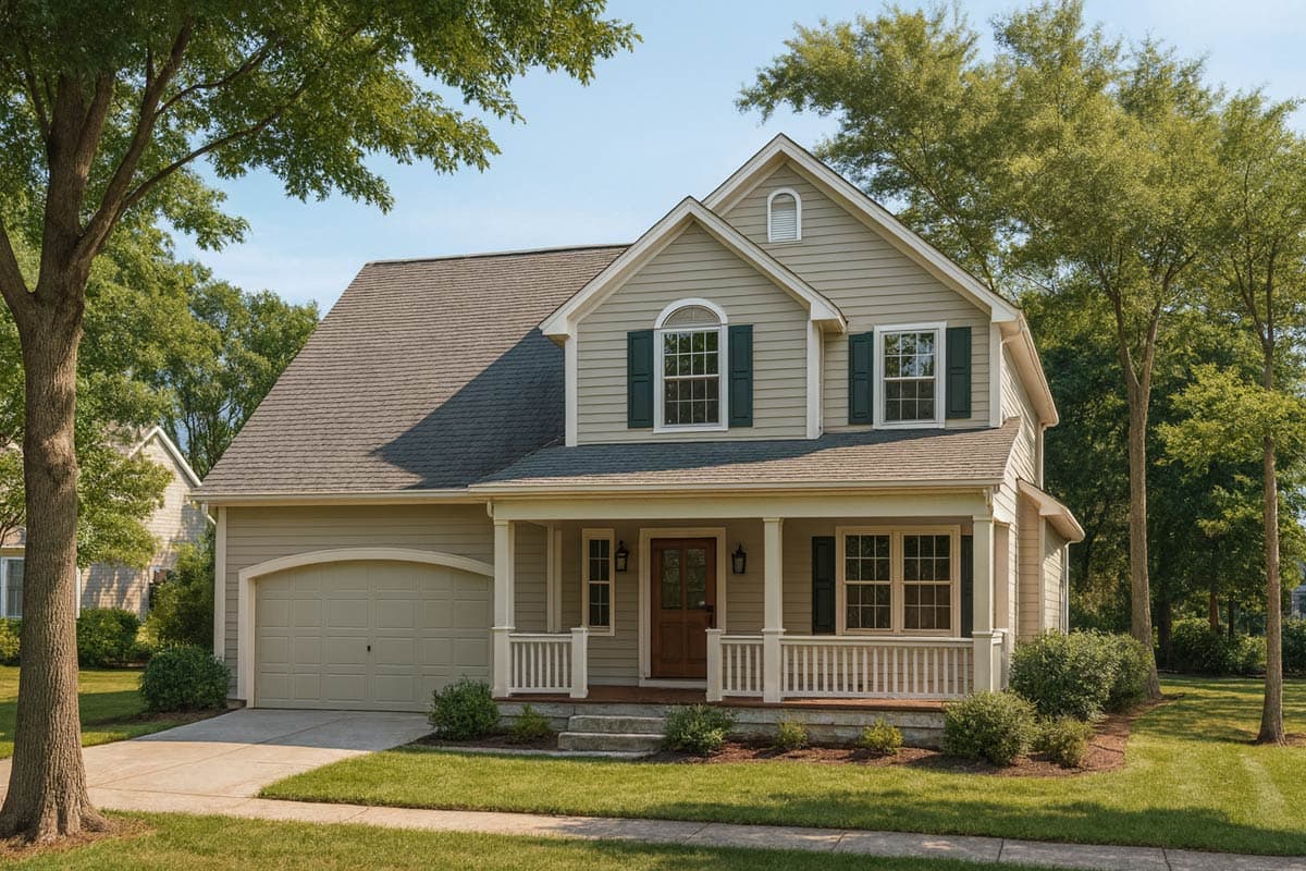 House plan exterior: Two-story home with siding, attached garage, covered porch, and arched dormer window.