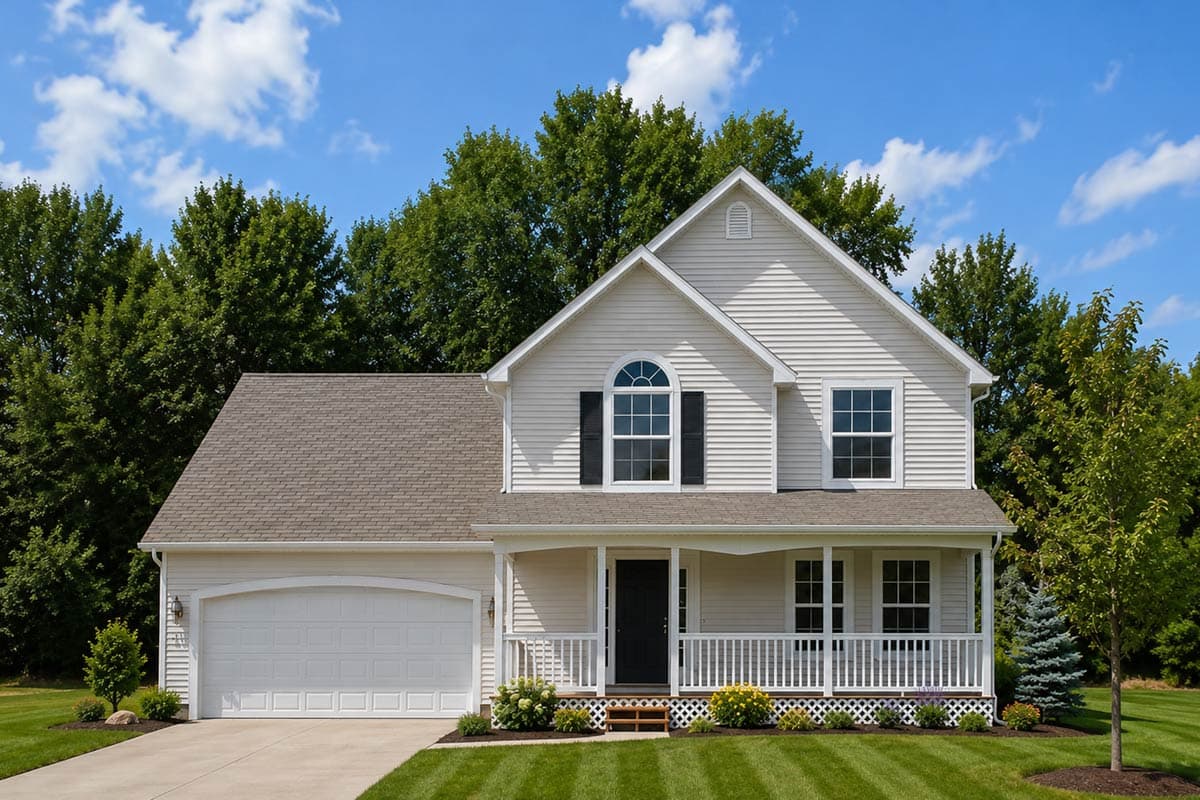 House plan exterior: Two-story home with a covered front porch, arched dormer, and attached two-car garage.