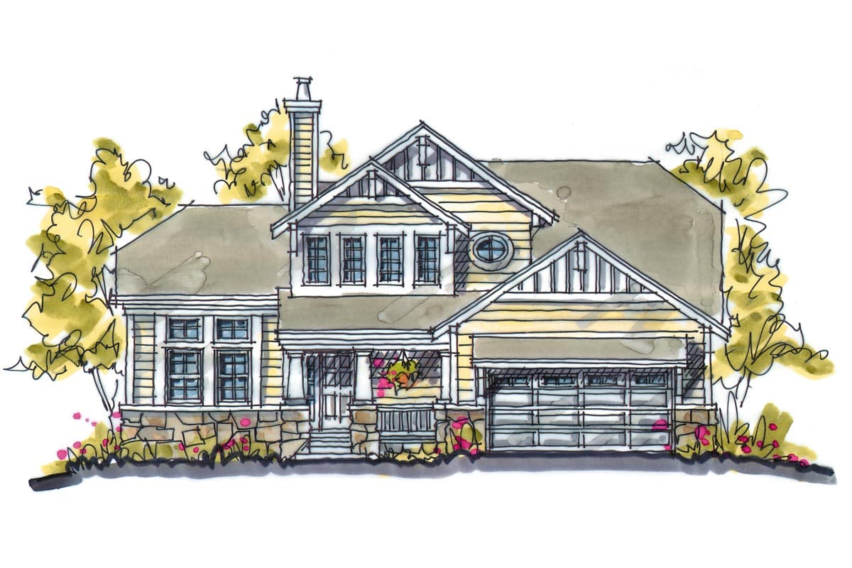 House plan exterior: two-story Craftsman style with a covered front porch, dormers, gables, stone accents, and a side-entry garage.