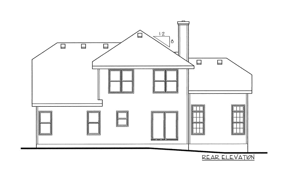 Rear elevation drawing of a two-story house plan with a pitched roof, gables, and a chimney.