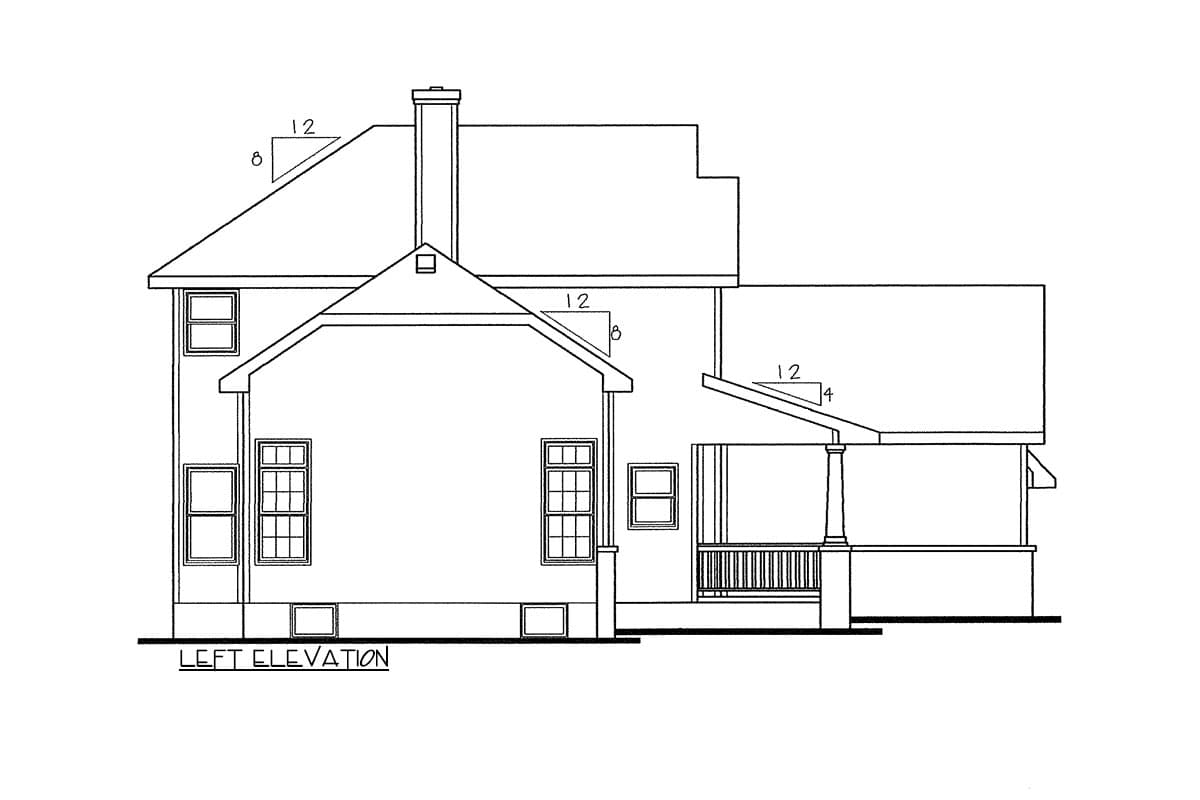 Left elevation house plan shows a two-story structure with a gable roof, prominent chimney, and covered porch with square columns.