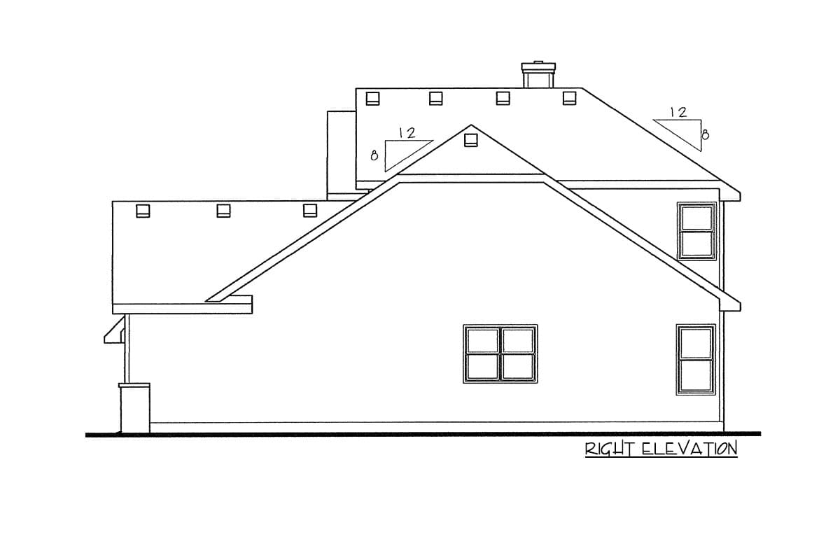 Right elevation of a house plan showing a hip roof, dormers, and multiple windows.