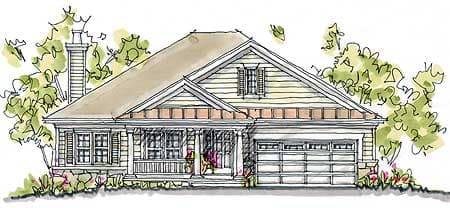 Ranch house plan exterior with a prominent front porch, a gable with a dormer, and a two-car garage.