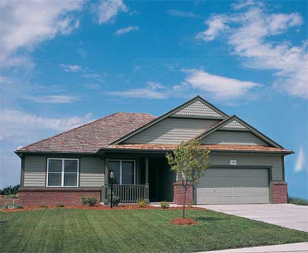 House plan exterior: Ranch style with a covered porch, prominent gables, and a two-car garage.