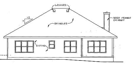 House plan elevation drawing showing siding, shingles, louvers, and wood-framed chimney.