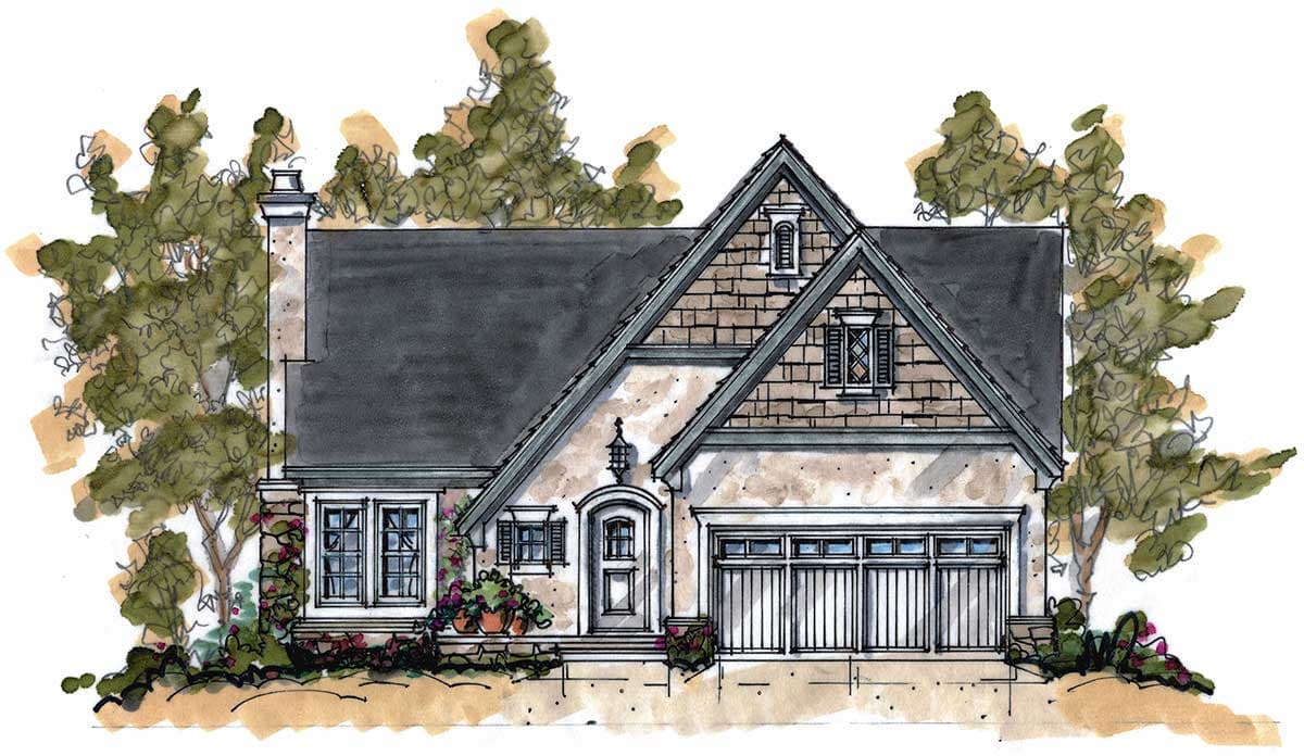 House plan exterior shows a one-story home with a prominent gable, stone chimney, dormer, and a two-car garage.