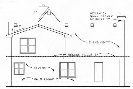 House plan elevation drawing showing two stories, siding, shingles, and optional wood-framed chimney.