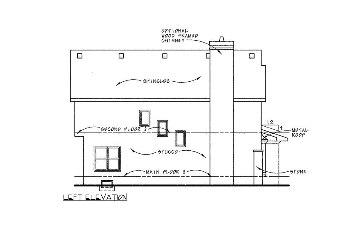 Left elevation drawing of a two-story house plan with stucco exterior, shingled roof, and stone base.