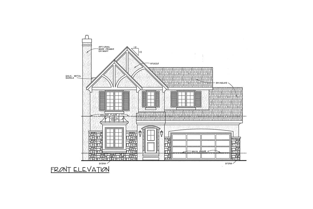 Front elevation drawing of a two-story house with stucco, stone accents, prominent gables, and a two-car garage.