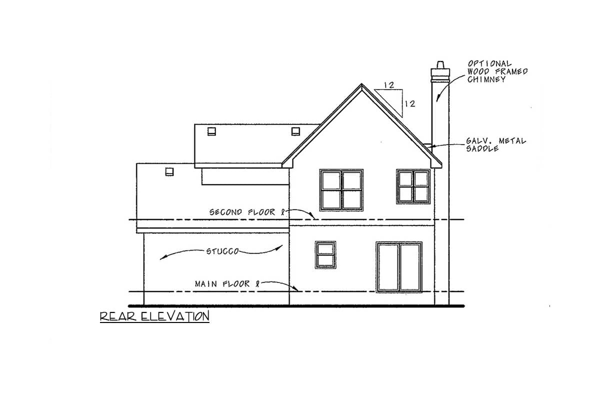 Rear elevation house plan drawing showing two stories, stucco exterior, gabled roof with optional chimney, and multiple windows.