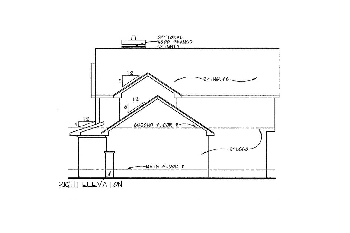 Right elevation drawing of a two-story house with stucco siding, shingles, and an optional wood-framed chimney.