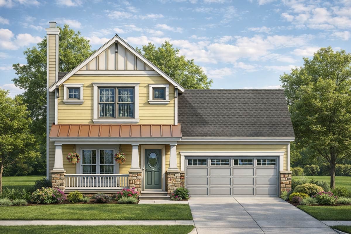 House plan exterior: Two-story Modern Farmhouse with front porch, stone accents, gables, and a two-car garage.