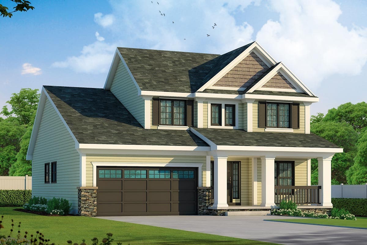 Two-story house plan exterior with gabled dormers, a covered front porch, and a two-car garage.