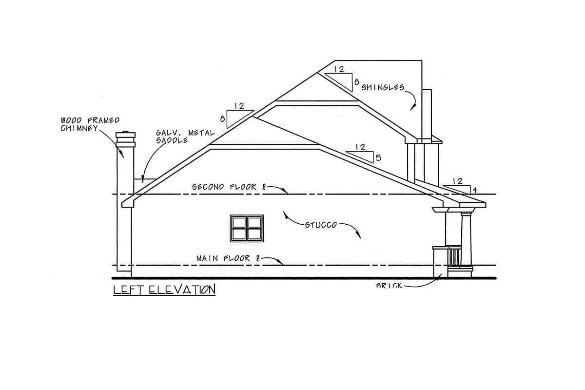 Left elevation house plan drawing with wood chimney, stucco walls, brick base, and multi-gabled roof with shingles.