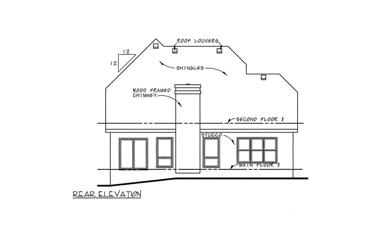 Rear elevation drawing showing a wood-framed chimney, stucco detailing, roof louvers, and shingles.