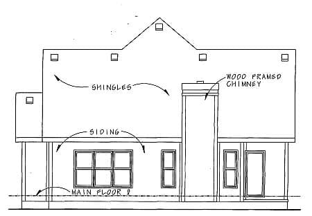 House plan elevation drawing showing siding, shingles, wood-framed chimney, and multiple windows on the main floor.
