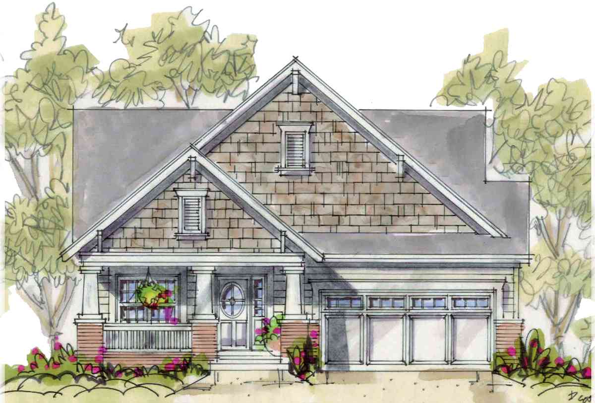 House plan exterior shows a two-story Craftsman style home with a covered front porch, dormers, and a two-car garage.