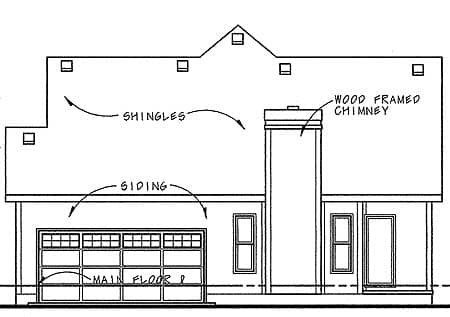 House plan exterior elevation showing siding, shingles, a wood-framed chimney, and a garage door.
