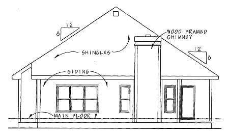 Front elevation drawing of a house plan with siding, shingles, a wood-framed chimney, and multiple windows.