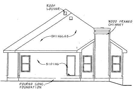 House plan elevation drawing showing a wood-framed chimney, gabled roof with shingles, siding, and poured concrete foundation.
