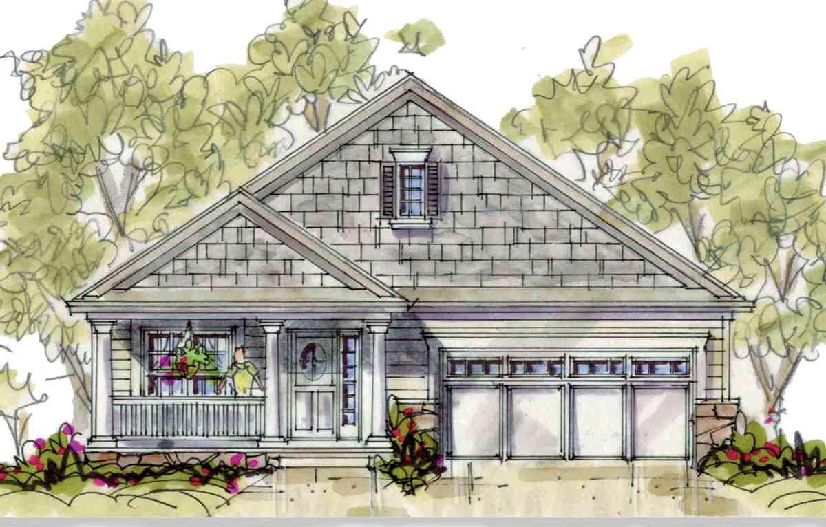 House plan exterior: One-story home with gabled roof, front porch with columns, and a three-car garage.