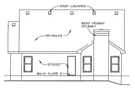 House plan exterior drawing showing stucco siding, a wood-framed chimney, roof louvers, and shingles.