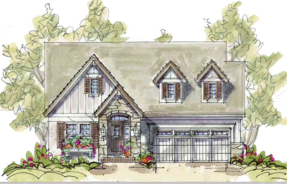 House plan exterior with steep gables, stone-clad entryway, dormers, and a two-car garage.