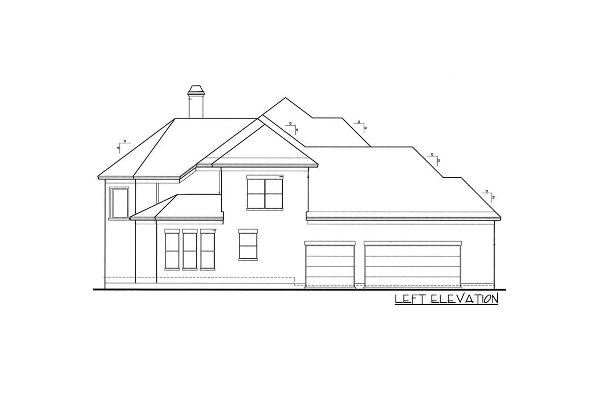Left elevation drawing of a two-story house with a prominent roofline, chimney, bay window, and a three-car garage.