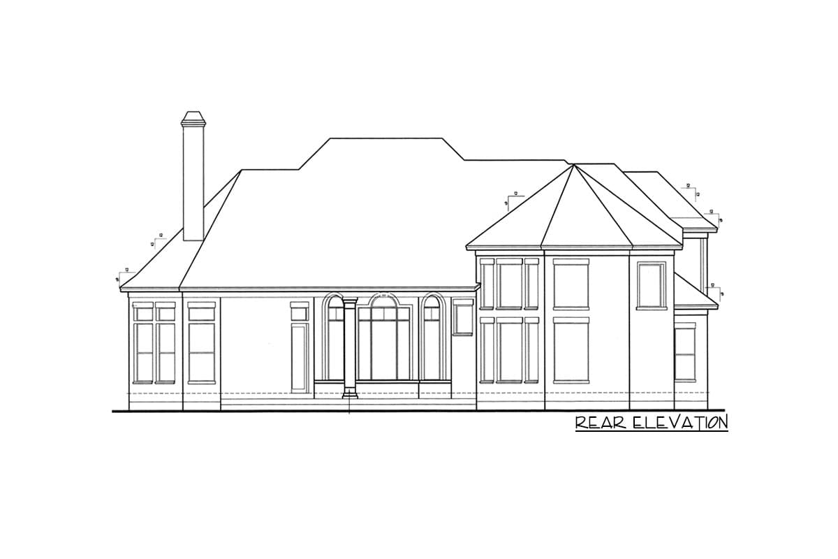 Rear elevation drawing of a house plan featuring a prominent chimney, varied rooflines, arched windows, and large rectangular windows.