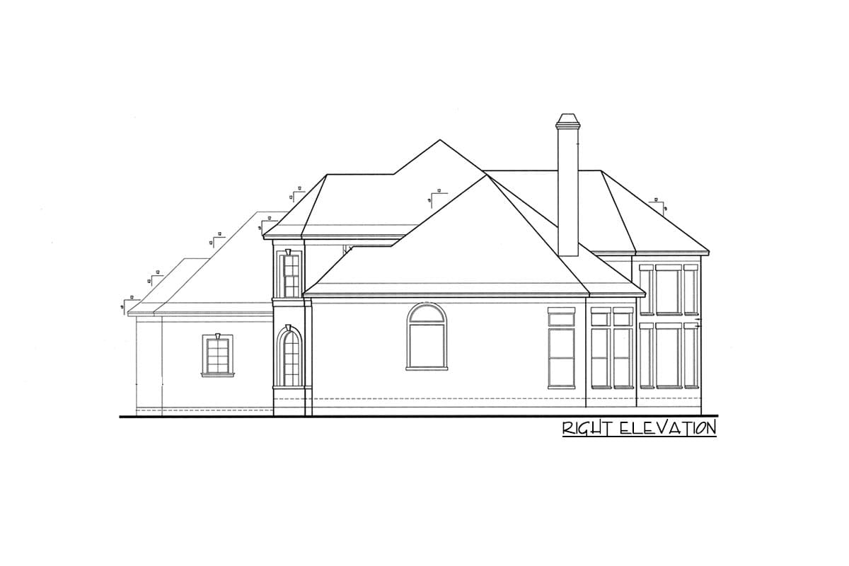 Architectural drawing of house plan, right elevation view. Features multi-level rooflines, dormers, varied windows, and chimney.