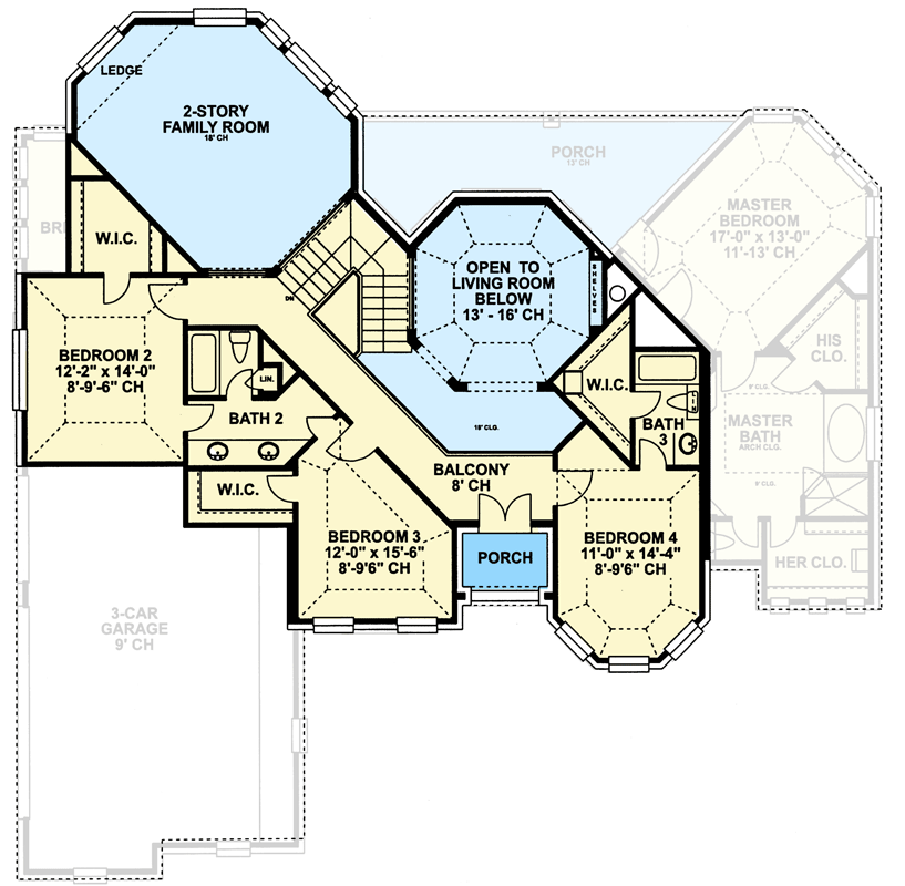 Plan 4184DB: 2-Story House Plan with Upper-Level Porch - 3094 Sq Ft - Floor Plan - 2nd Floor - European, Traditional