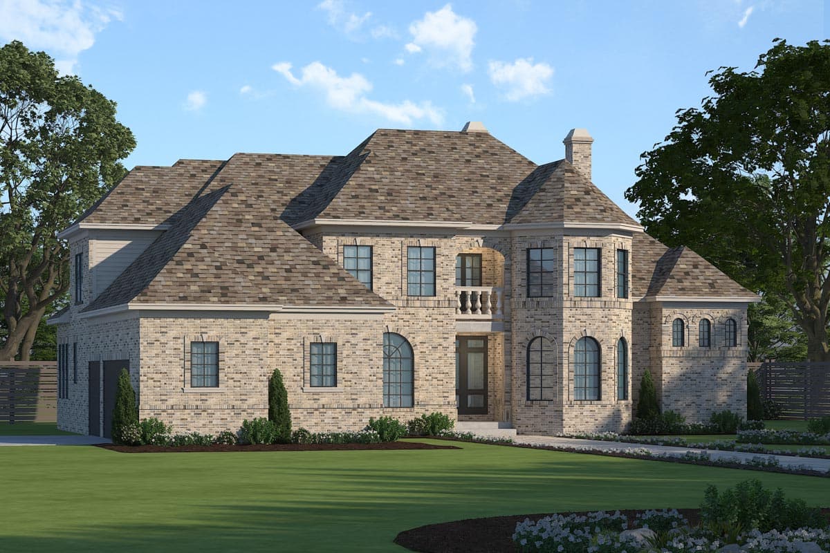 House plan exterior of a two-story brick home with arched windows, a second-story balcony, and a side-facing garage.