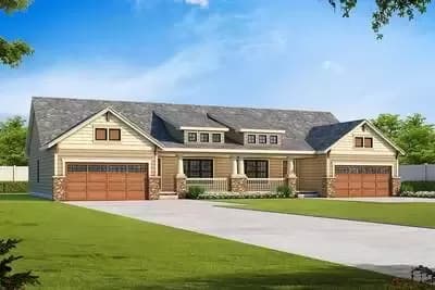 Duplex House Plan with Side-By-Side 1195 Square Foot 3-Bed Units
