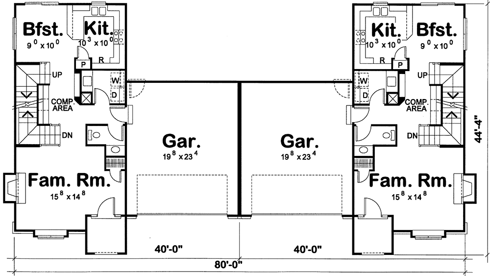 Plan 41855DB: Tudor-Style Duplex House Plan with 1715 Square Foot 3 Bedroom Units - Floor Plan - Main Level - European, Traditional, Tudor