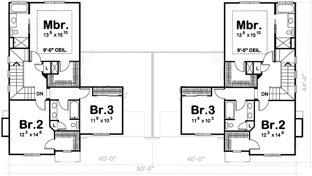 Plan 41855DB: Tudor-Style Duplex House Plan with 1715 Square Foot 3 Bedroom Units - Floor Plan - 2nd Floor - European, Traditional, Tudor