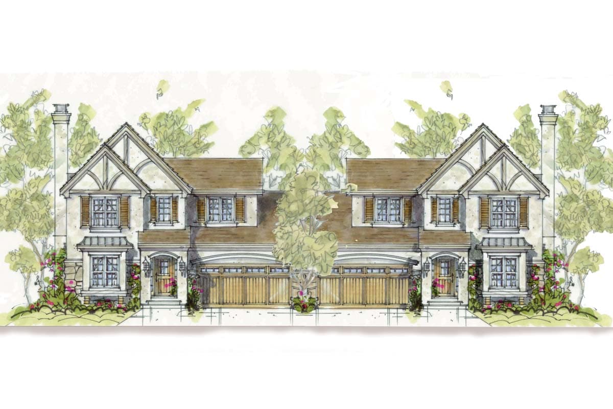 House plan exterior of two attached Tudor-style homes with prominent gables, arched garage doors, and chimneys.