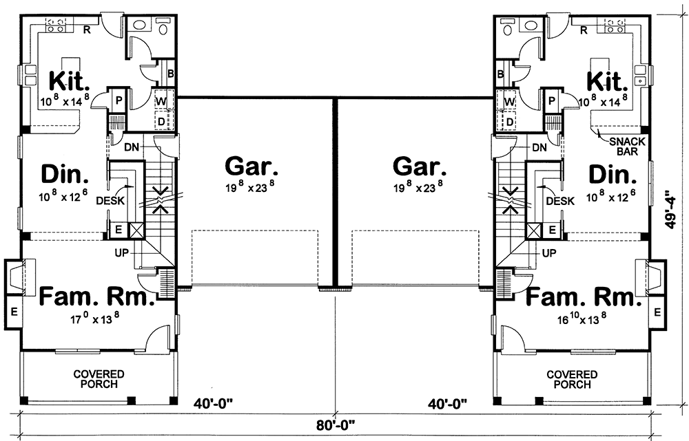 Plan 41860DB: Duplex House Plan with Matching 1649 Square Foot 3-Bed Units - Floor Plan - Main Level - Traditional
