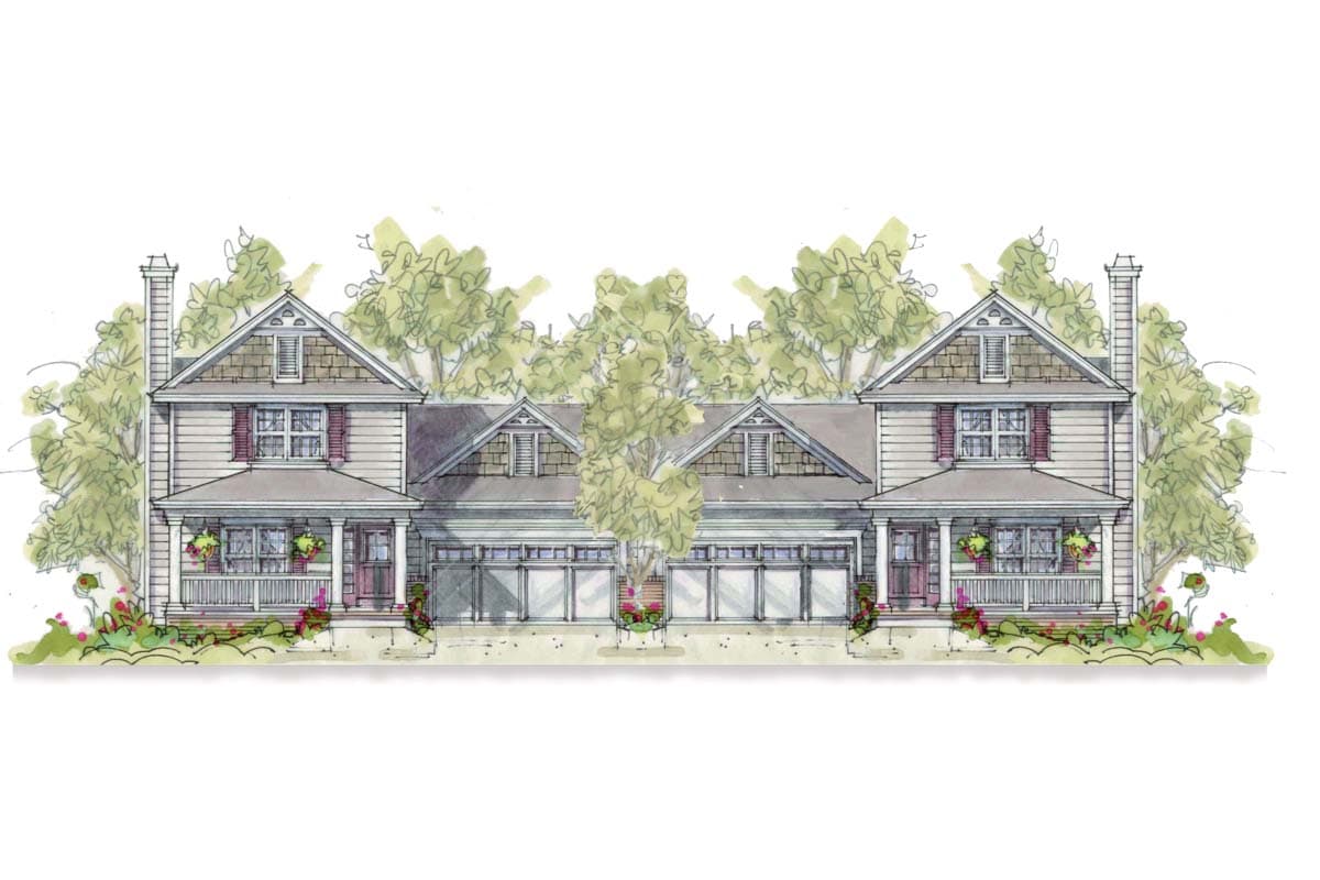 Two-story house plan exterior with gabled dormers, covered front porches, and triple garage doors.