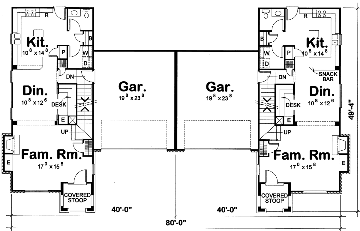 Plan 41861DB: Duplex House Plan with Matching 1901 Square Foot 4-Bedroom Units - Floor Plan - Main Level - Traditional