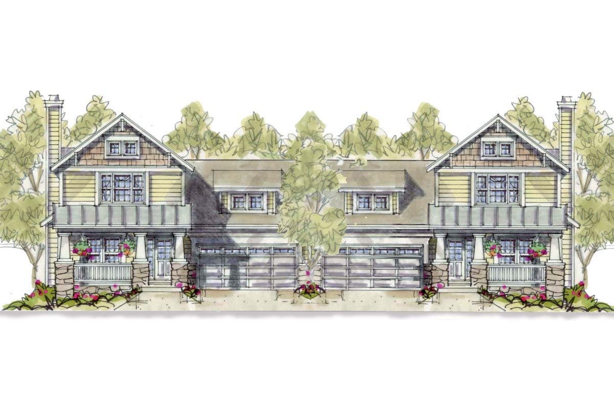House plan exterior shows a two-story duplex with gables, dormers, covered porches, and a shared four-car garage.