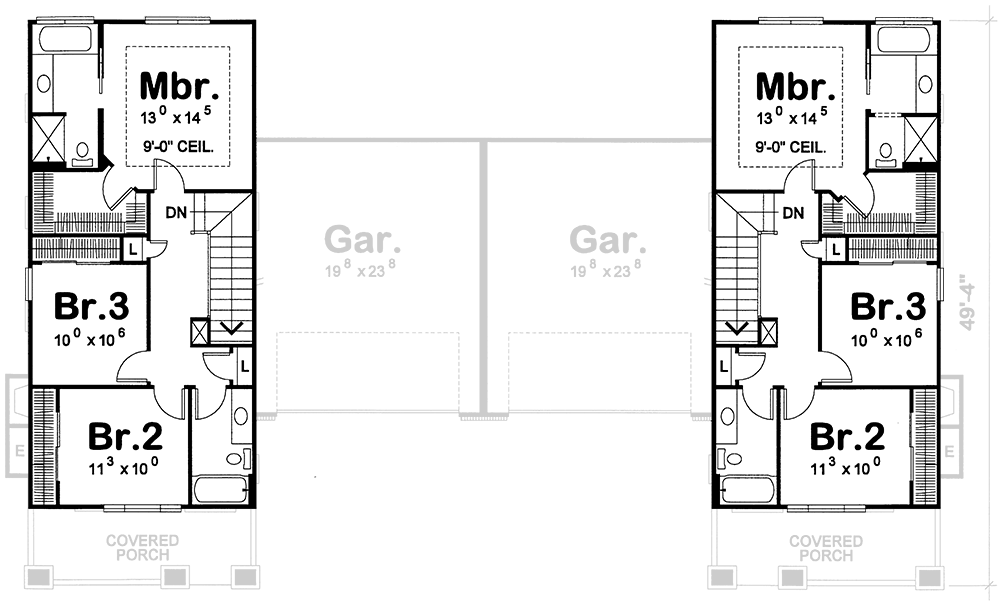 Plan 41862DB: Duplex House Plan with Side-By-Side 3-Bed Units Under 1700 Square Feet - Floor Plan - 2nd Floor - Country, Craftsman