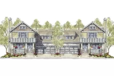 Duplex House Plan with Side-By-Side 3-Bed Units Under 1700 Square Feet