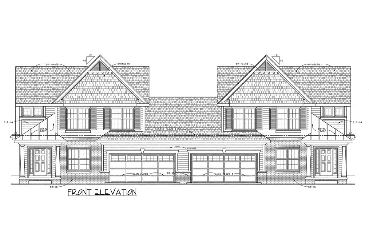 Rear elevation drawing of a house plan featuring gabled dormers, chimneys, and multiple grid windows.