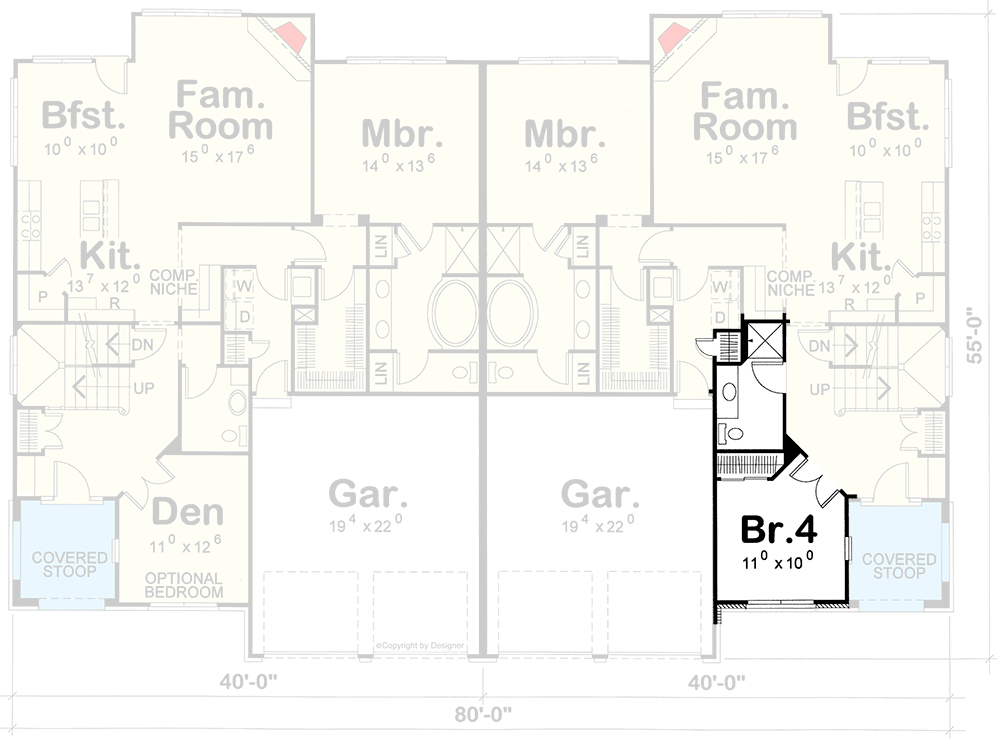 Plan 41864DB: French Country Duplex with Matching 3-Bed Units - Floor Plan - Optional - European, French Country