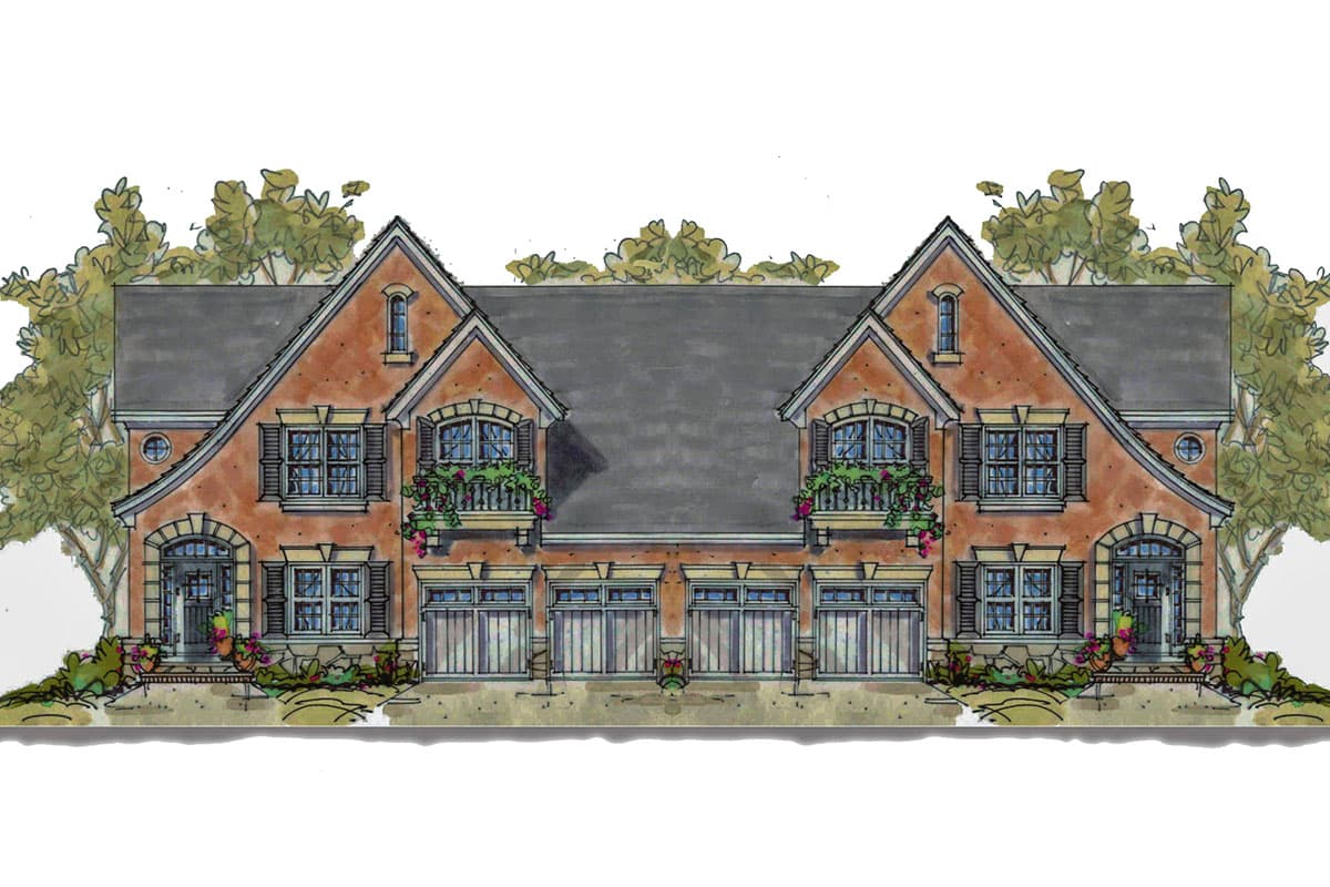 House plan exterior with red brick facade, symmetrical gables, arched windows, balconies, and a six-car garage.