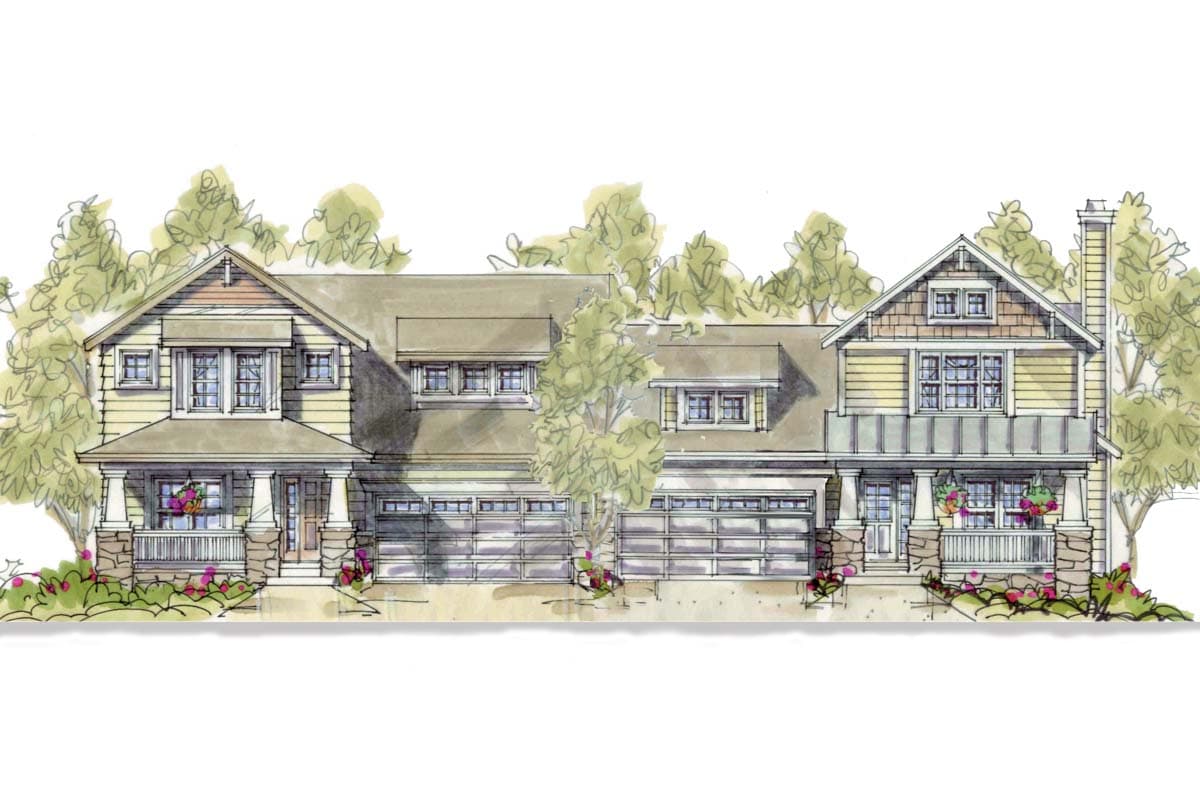 House plan exterior with Craftsman style, gabled roofs, covered front porches, and a three-car garage.