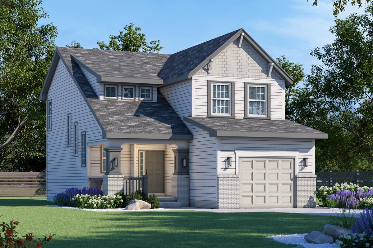 Modern Farmhouse house plan exterior: two stories, covered front porch, gabled rooflines, and attached garage.